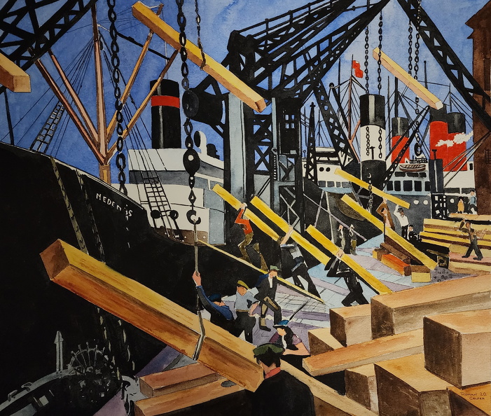 Christopher Richard Nevinson,1916,Loading Timber,Southampyon Docks watercolor 16 x 19