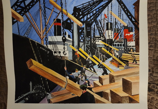 Christopher Richard Nevinson,1916,Loading Timber,Southampyon Docks watercolor 16 x 19