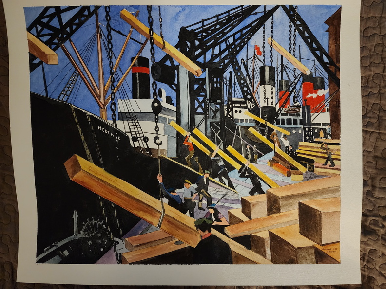 Christopher Richard Nevinson,1916,Loading Timber,Southampyon Docks watercolor 16 x 19.jpg