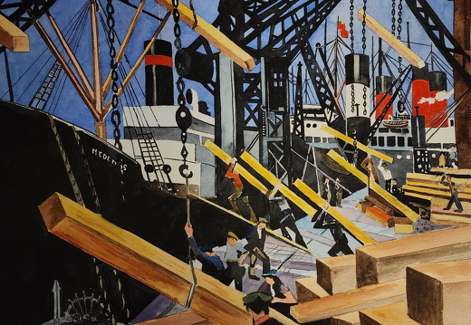 Christopher Richard Nevinson,1916,Loading Timber,Southampyon Docks watercolor 16 x 19